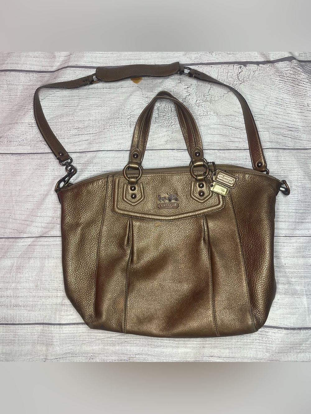 Coach Madison Bronze Brown Pebbled Leather Top Handles Satchel Shoulder Bag